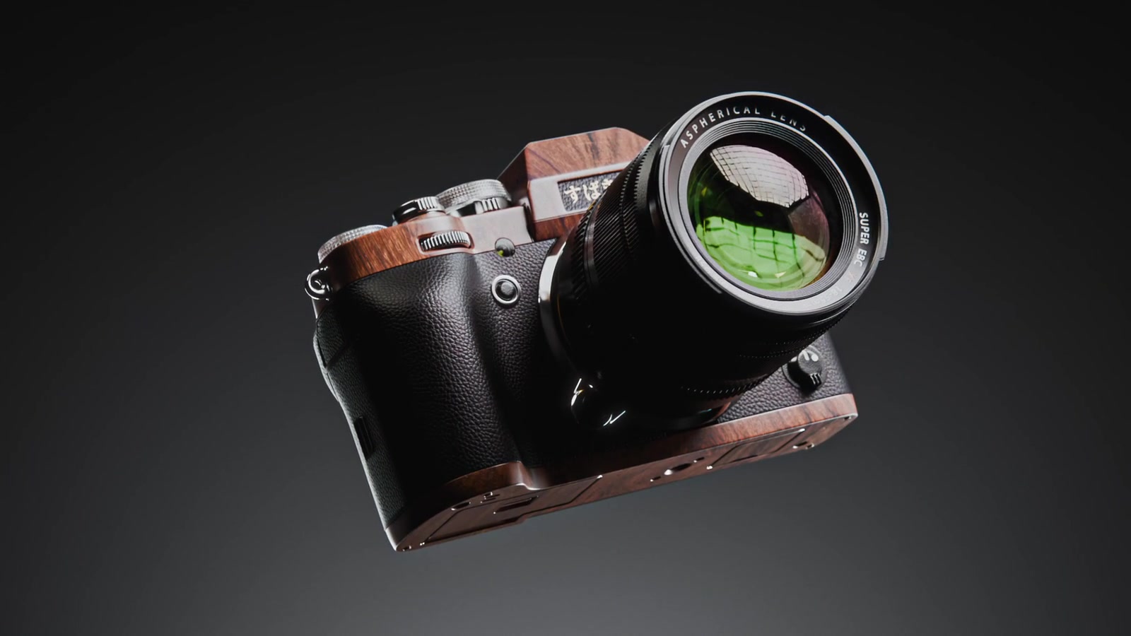 A wood-paneled camera with a textured black grip and reflective lens against a dark studio background.