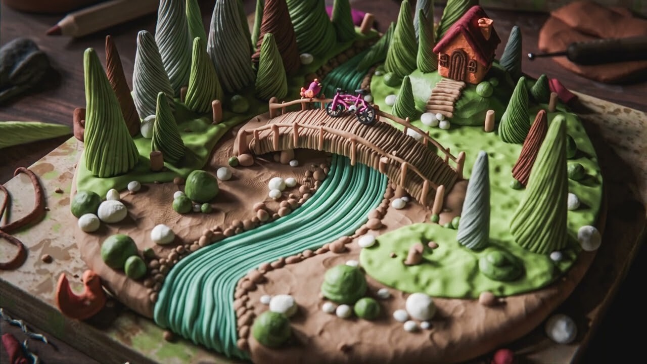 Lost: a miniature clay landscape with a turquoise river, tiny bridge, winding path, trees, and a small house.