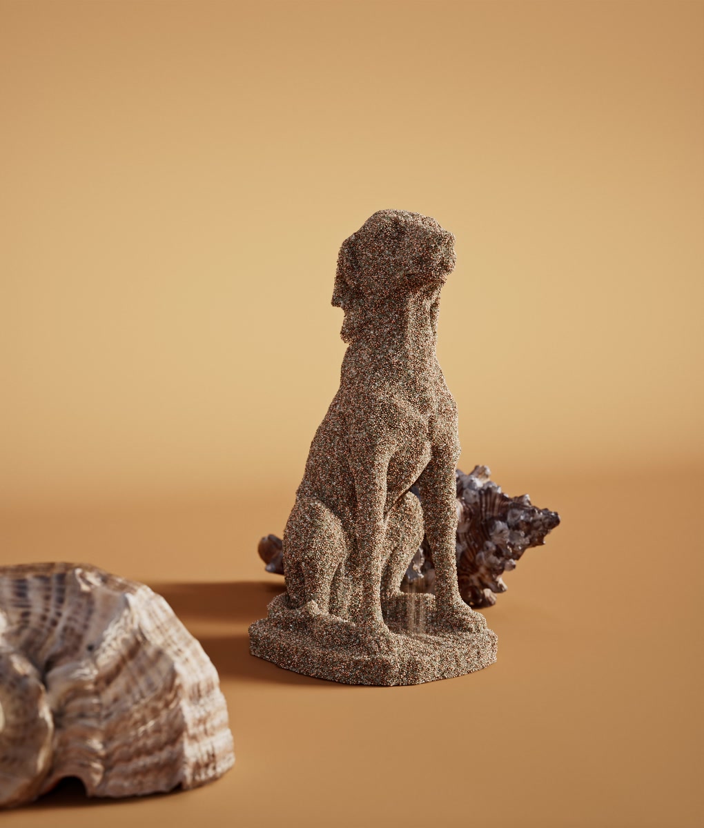 A particle-covered dog sculpture standing among seashells in a warm sand-colored scene.