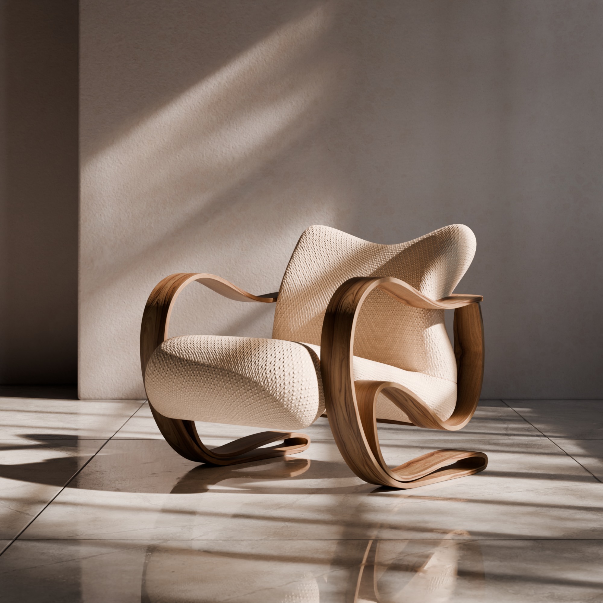 A curved wooden chair with light upholstery in a softly sunlit room.