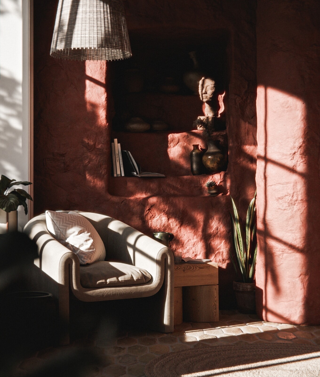 Sunday: warm red walls, a rounded armchair, and long afternoon shadows.