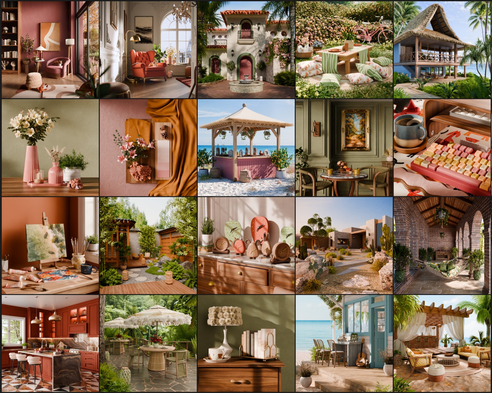 A collage of environment artwork created for the mobile game Venue, featuring interiors, gardens, and outdoor spaces.